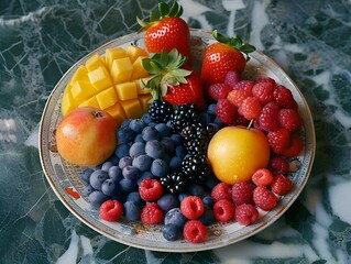 Poster - A vibrant assortment of fresh fruits on a decorative plate captures a colorful display suitable for a summer gathering