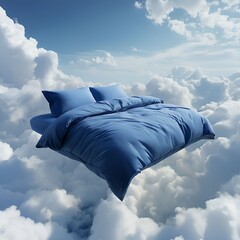 Sticker - A bed, pillows, and sheets, all in shades of blue, float serenely in the sky