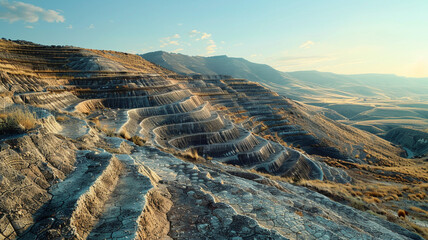 Canvas Print - a sequence of terraced erosional mountains with varying heights