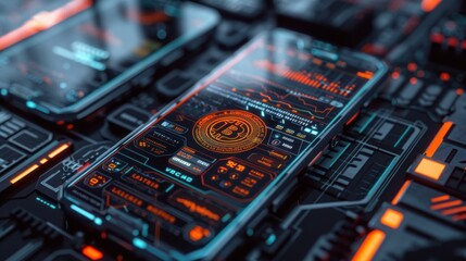 Mobile cryptocurrency mining app interface with futuristic graphics