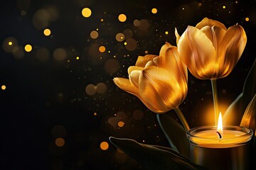 Canvas Print - transparent glowing golden tulips with burn candle on black background 