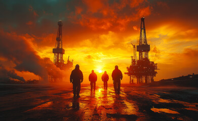  Workers stroll toward sunset by oil rigs in industry. Five workers stroll towards a vibrant sunset, framed by silhouetted oil rigs, amidst an industrial landscape.