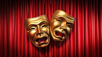 Theater masks, drama and comedy displayed on a vibrant red curtain background , theater, masks, drama, comedy, stage