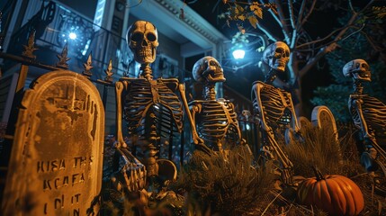 Skeleton yard with haunted ambiance and gravestones for Halloween decor