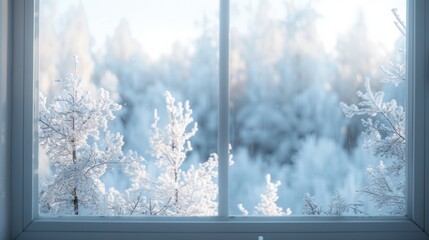 large windows overlook the dense snow forest and thousands of trees during the day.