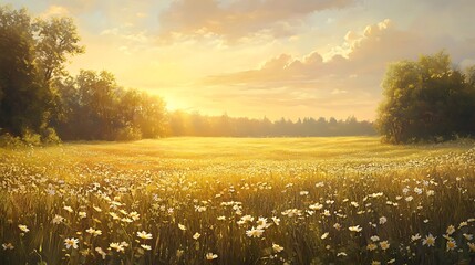 Wall Mural - Golden Hour Sunset Over a Field of Daisies