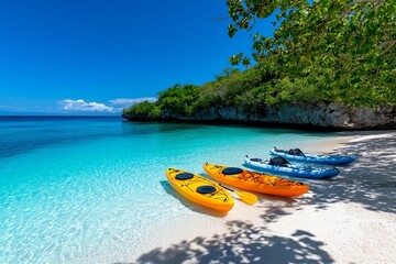 A secluded cove on a paradise island, with kayaks and paddleboards lined up on the beach, ready for an adventurous day on the water