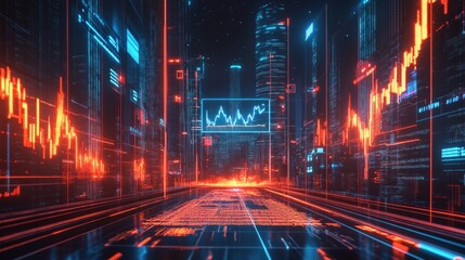 Canvas Print - Futuristic cityscape with glowing graphs and data streams. The vibrant colors of red and blue enhance the digital atmosphere. Ideal for tech and finance themes. AI