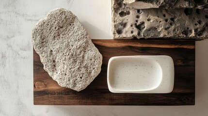 Wall Mural - White Dish, Stone, and Wooden Tray on a White Background