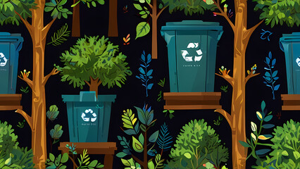 Poster - flat vector background showcasing a seamless blend of nature and recycling symbols