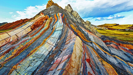 Wall Mural - Portray an eroded mountain with a mosaic of colorful sedimentary layers