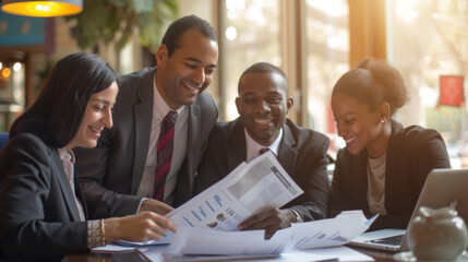 Poster - Four colleagues gather around a table, smiling and engaged as they discuss documents. The warm light from the windows enhances their camaraderie and teamwork
