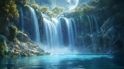 Wall Mural - Serene Waterfall Cascading into a Pristine Lake