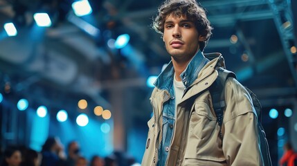 Capture a male model in a trendy, casual look, walking down the runway with style. Shot with Nikon lens