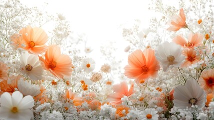 A delicate floral arrangement against a white background, soft pastel and vibrant orange flowers, cosmos, daisies, and wildflowers, ethereal composition, high-key lighting.