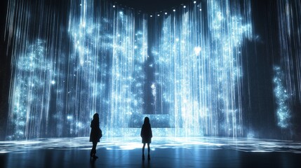 Aufkleber - A mesmerizing scene featuring two silhouettes against a stunning display of colorful lights and digital effects. This artwork captures a blend of technology and imagination. AI