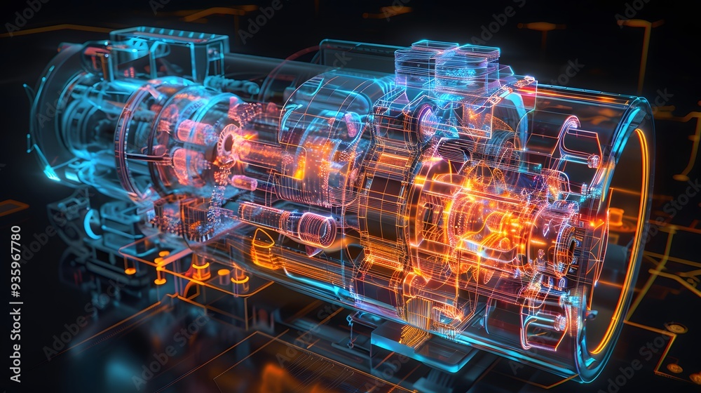 A rotating 3D model of a complex engine, showing each part in ...