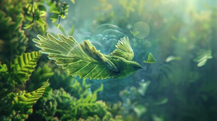 A surreal, dreamlike illustration of a tropical leaf transforming into a bird