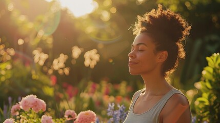 Woman in a garden with eyes closed.