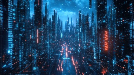 Poster - 3D dark city of cyberspace metaverse digital landscape of futuristic background concept. 3d illustration rendering