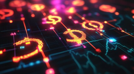 Poster - 3D financial network with brightly glowing interconnected dollar, euro, and yen symbols. -