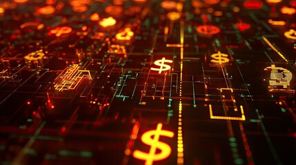 Poster - 3D financial network with glowing, interconnected currency symbols in a global pattern. -