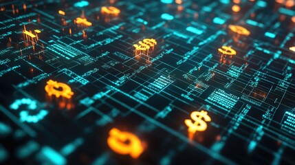 Poster - 3D financial network with glowing, interconnected currency symbols in a global pattern. -