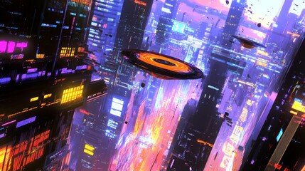 Poster - A vibrant, futuristic cityscape fills the scene. Neon lights illuminate towering buildings. Advanced technology and flying vehicles hint at a thriving community. 
