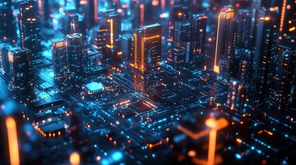 Poster - 3d render of Cyber punk night city landscape concept. Light glowing on dark scene. Night life. Technology network for 5g. Beyond generation and futuristic of Sci-Fi Capital city and building scene.