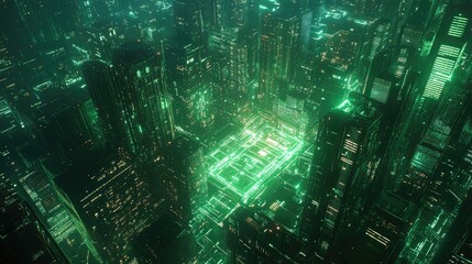 Poster - 3d render of Cyber punk night city landscape concept. Light glowing on dark scene. Night life. Technology network for 5g. Beyond generation and futuristic of Sci-Fi Capital city and building scene.