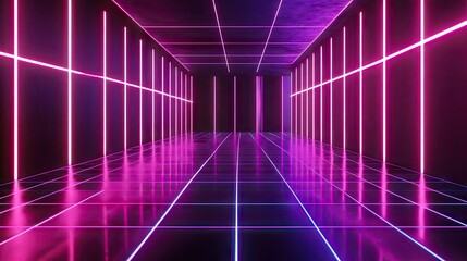 Poster - 3D rendered neon-lit room with black walls and a striking neon grid pattern.
