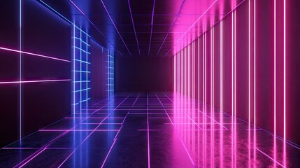 Poster - 3D rendered neon-lit room with black walls and a striking neon grid pattern.