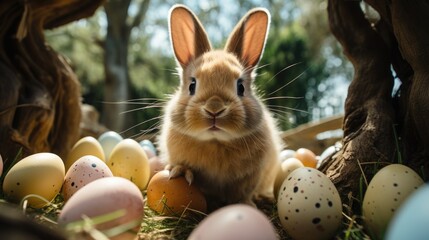 Poster - bunny in a basket in a clearing near a tree, painted eggs.  