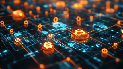 Poster - 3D rendering of a financial network with glowing interconnected currency symbols and nodes.