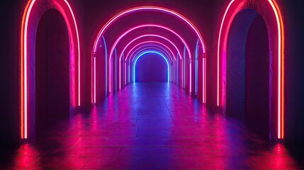 Poster - 3D rendering of a dark room with neon-lit walls, creating a futuristic and vibrant ambiance.
