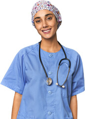 Hispanic nurse in uniform with stethoscope happy, smiling and cheerful.