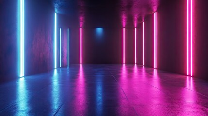 Poster - 3D rendering of a neon-lit room with black walls, featuring vibrant pink and blue lights.