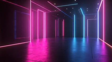Poster - 3D rendering of a neon-lit room with black walls, featuring vibrant pink and blue lights.