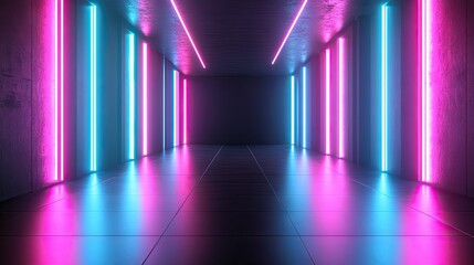 Poster - 3D rendering of a neon-lit room with black walls, featuring vibrant pink and blue lights.