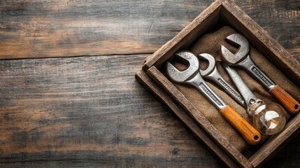 A wooden toolbox filled with used hand tools, including worn and rusty wrenches, hammers, and an old light bulb