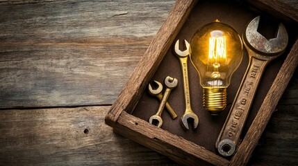 An old light bulb and worn and rusted wrenches are found in a wooden toolbox containing used hand tools