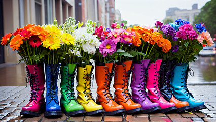 Creative autumn fashion: bright and contrasting urban scene with rubber boots with flowers in the middle under the rain, a combination of hope and style with reflective wet asphalt and bright red flow