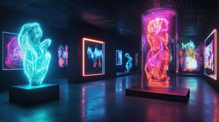 Poster - 3D visualization of a neon-lit room with black walls, featuring neon sculptures and art.