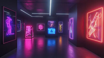 Poster - 3D visualization of a neon-lit room with black walls, featuring neon sculptures and art.