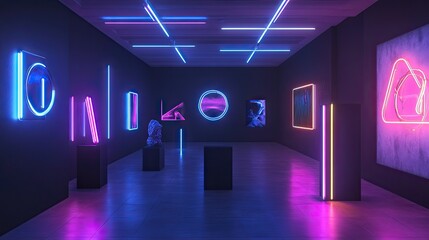 Poster - 3D visualization of a neon-lit room with black walls, featuring neon sculptures and art.