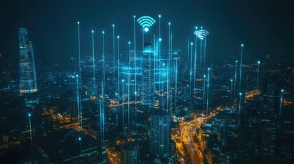 Poster - 5G network wireless systems and internet of things with modern city skyline