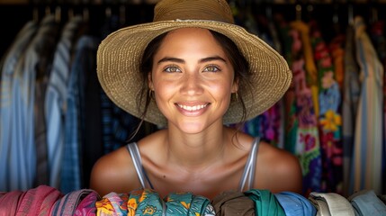 Wall Mural - Smiling Woman in a Colorful Boutique