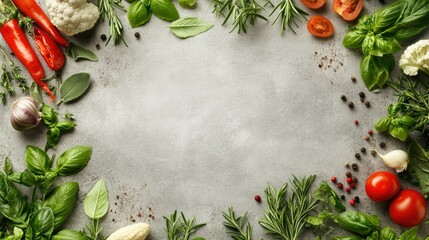 A frame of fresh raw vegetables, spices, basil, and rosemary encircling a gray stone background. Perfect for organic food promotions with free space for text.