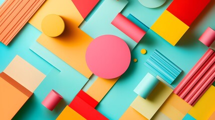 geometric abstract composition, colorful 3D shapes, squares, circles, triangles, cylinders, stripes, patterns, Bauhaus style, vibrant colors, teal, red, architectural elements.