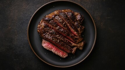 Wall Mural - A perfectly cooked Wagyu Rib Eye steak, sliced and served on a plate. The dark background emphasizes the juicy, rich beef. Top view.